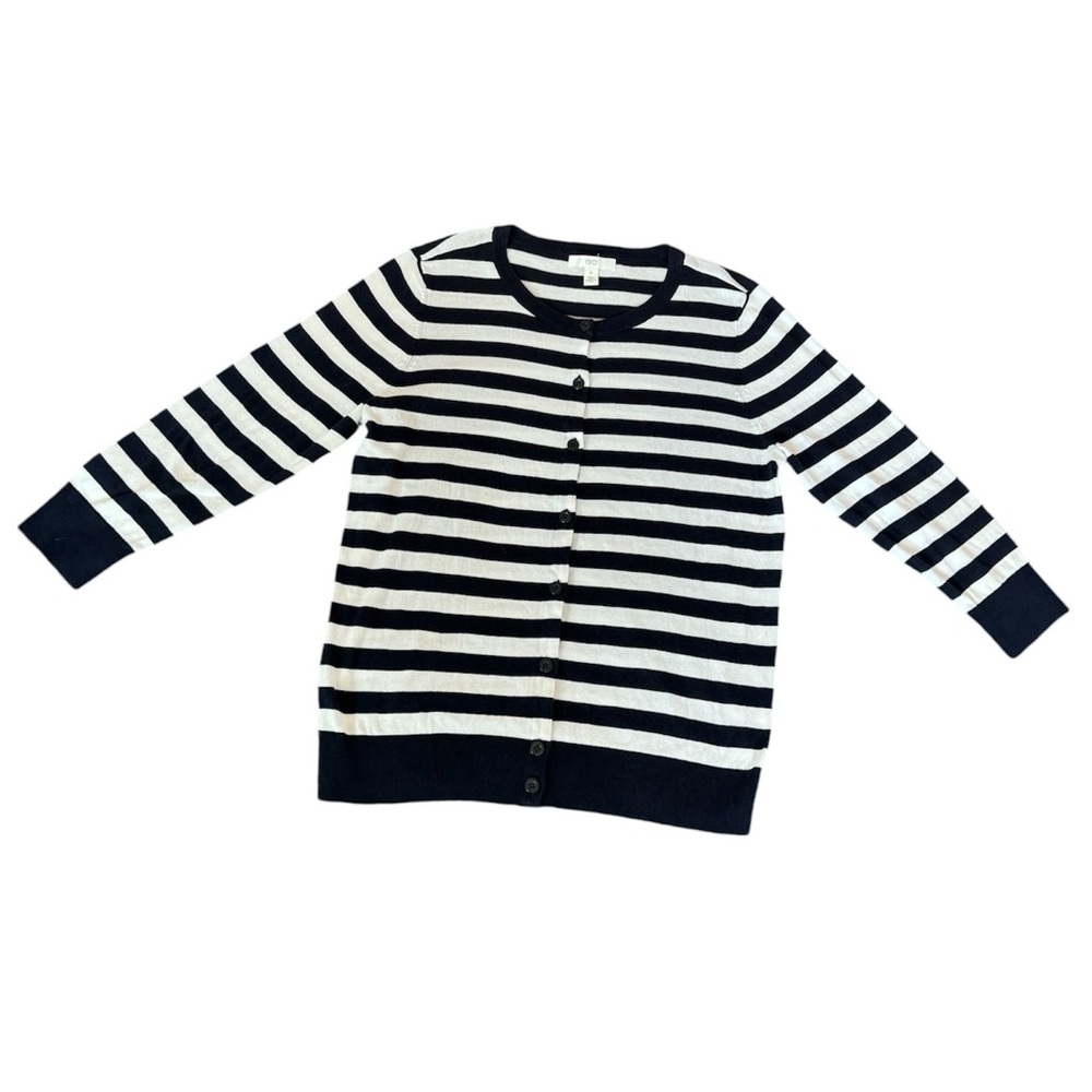 1901 Women’s Cardigan Medium Blue white Striped Knit Pima Cotton Button Down